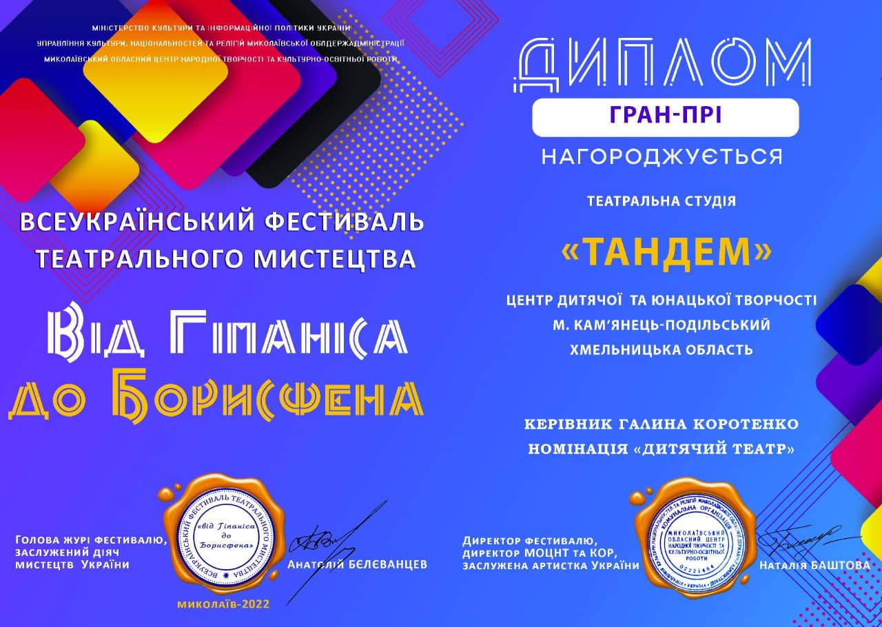 Перемога на Всеукраїнському фестивалі театрального мистецтва “Від Гіпаніса до Борисфена” м. Миколаїв. Диплом “Гран-прі”
